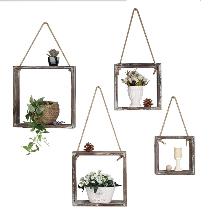 J JACKCUBE DESIGN Wall Decor Floating Hanging Square Shelves Wall Mounted Rustic Wood Cube Display Shelf Shadow Boxes Decorative Boho Home Décor for Living Room, Bedroom, Office, Set of 4 - MK571A