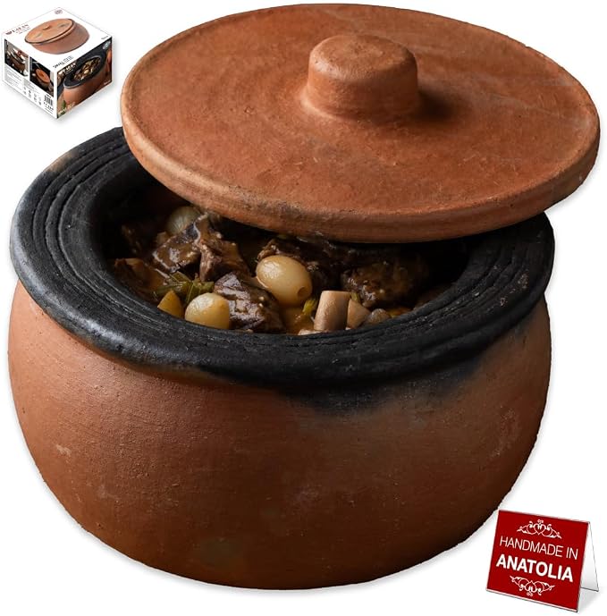 Hakan Efes Clay Cooking Pot with Lid, MIDI 2.9 Quarts Clay Pots for Cooking, Earthenware Rice Pots, UNGLAZED Traditional Casserole for STOVE Top, Portuguese Terracotta Roaster, 94.7 oz (2.8 L)