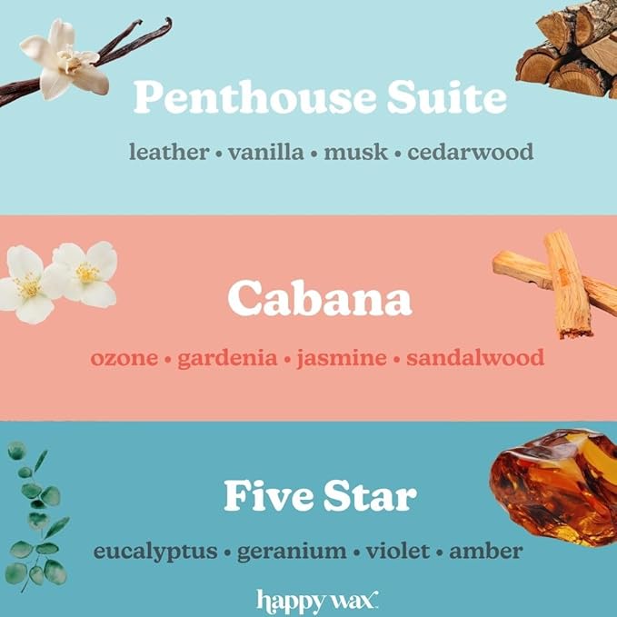 Happy Wax Hotel Collection Scented Natural Soy Wax Melts – 6 Total Oz. of Scented Wax Melts, Collection Includes Penthouse Suite, Cabana and Five Star