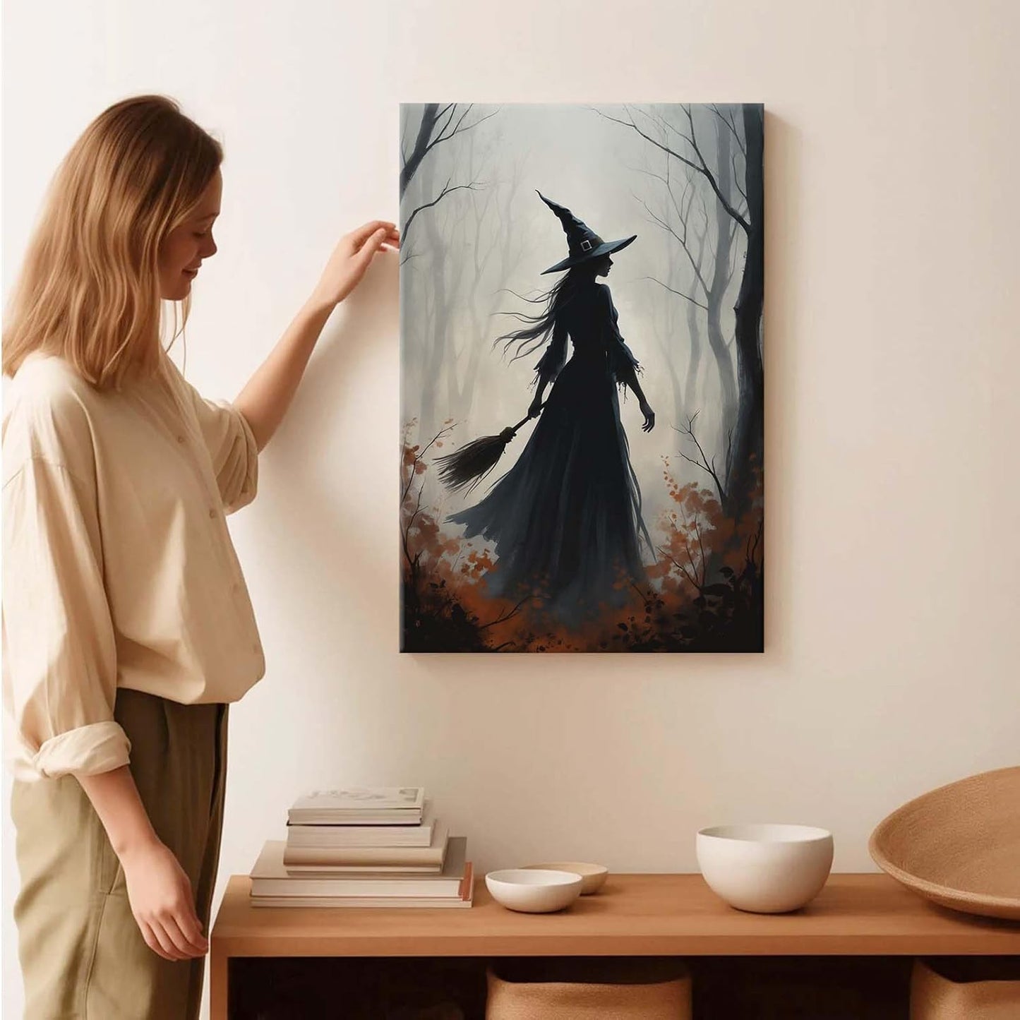 JFHCQJPK Vintage forest witch silhouette poster Halloween mural poster decoration mural art magic suitable for home living room bedroom24x36in Frameless