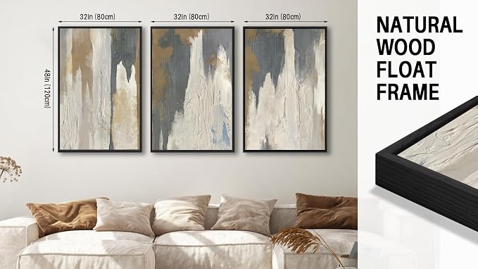 ASDCEUTICALS Large Canvas Wall Art - Gray Brown and Beige Abstract Pictures for Living Room Vintage Wall Decor Retro Artwork Black Float Framed Paintings for Bedroom Dinning Room 32" X 48" X 3 pcs