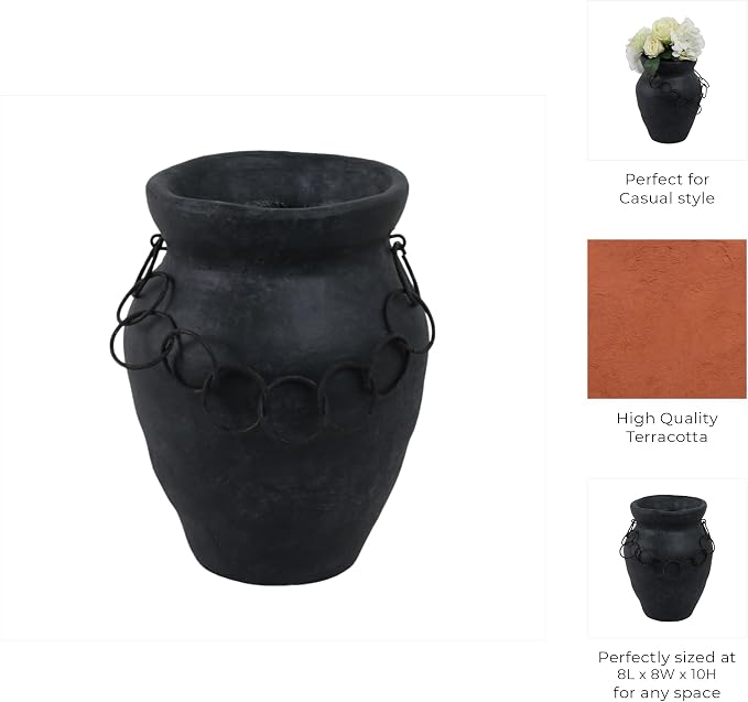 10x8 Rustic Terracotta Vase with Chain, Black