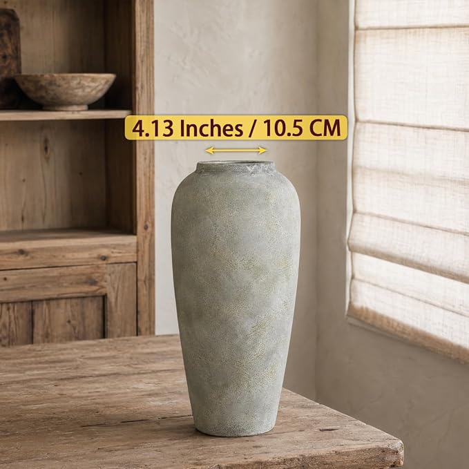 15 Inch Ceramic Rustic Farmhouse Vase, White Grey Handmade Pottery Vase for Living Room & Home Decor, Rustic Flower Vases for Table Centerpieces & Shelf Decoration, Wedding Gifts