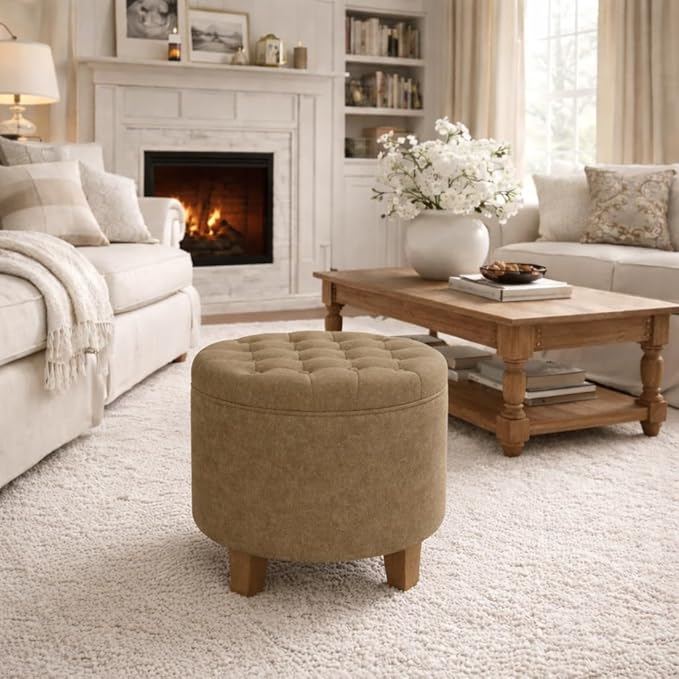 Homepop Home Decor | Upholstered Round Velvet Tufted Foot Rest Ottoman | Ottoman with Storage for Living Room & Bedroom | Decorative Home Furniture, Mocha Velvet