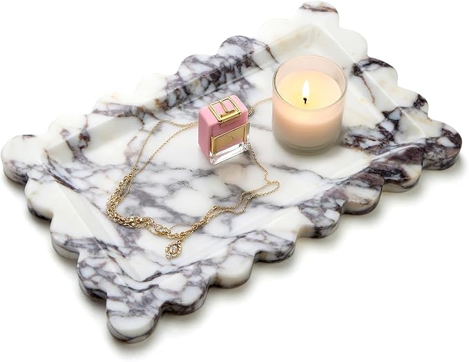 SAMAH Calacatta Viola Natural Marble Tray, Scalloped Bathroom Tray, Luxury Decorative Trays for Bathroom, Vanity, Dresser, Kitchen & Home Decor, Housewarming Gifts New Home (Rectangle)