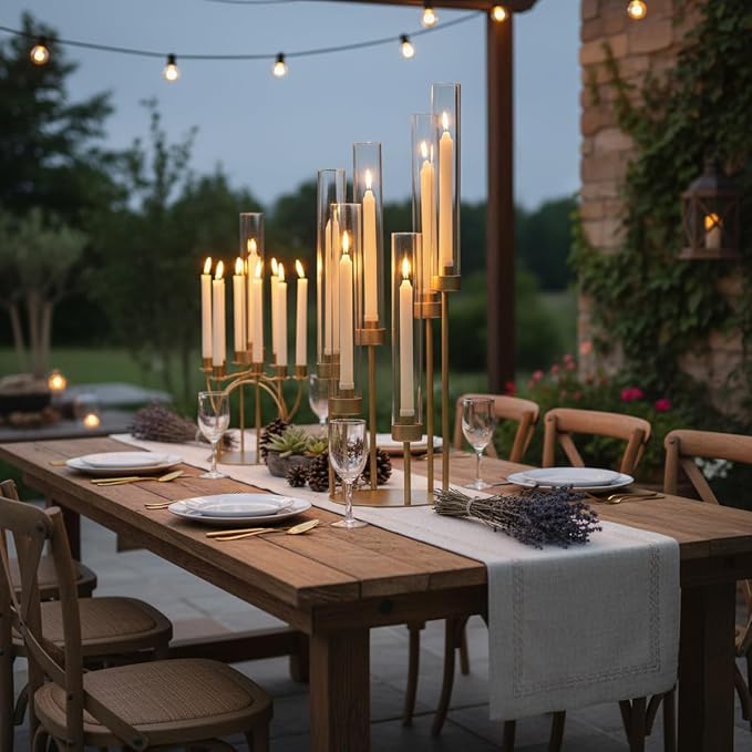 LETINE 6-Arm Gold Candelabra, 23.96" Tall Candelabra Centerpieces for Tables with Glass Lampshade & Heavy Base, Vintage Gold Taper Candle Holder for Indoor Outdoor Wedding Party Decor.