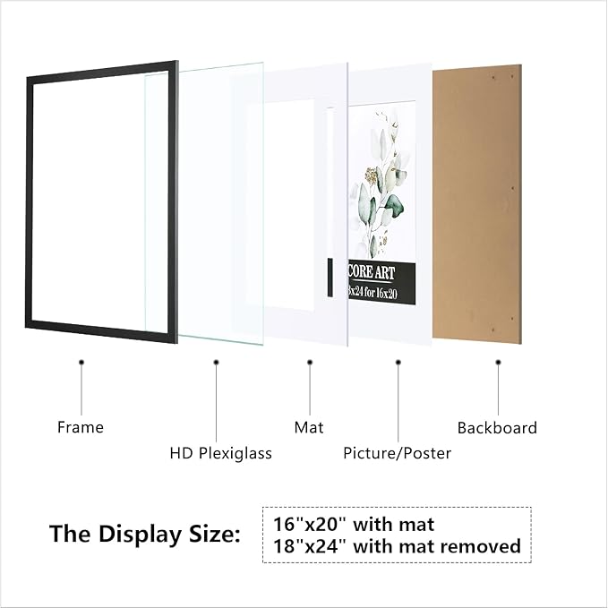 CORE ART 18x24 Frame, 18 x 24 Poster Frame Black, Display Pictures 16x20 with Mat or 18x24 Without Mat, Wall Gallery Photo Frames, 2 Pack