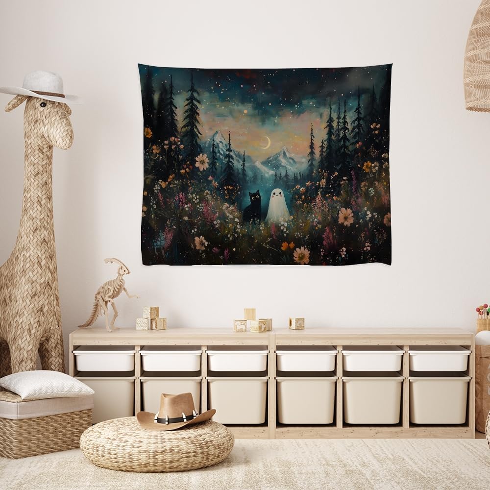 Whimsical Halloween Tapestry Wall Hanging Ghost and Black Cat in Magical Forest Wildflowers Meadow Tapestry Art Print Charming Spooky Fall Season Tapestries for Living Room Bedroom Decor 70x90inch