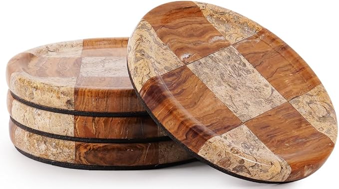 Marble Coasters Set of 4, Coral & Red Handmade 4 inch Round Natural Marble Coaster, Elegant Drink Checkered Coaster Plates for Coffee Table, Stylish Bar Accessories & Home Décor