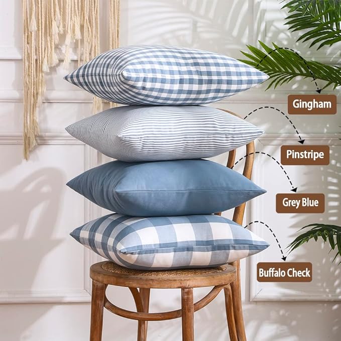 CARRIE HOME Blue Pillow Covers Farmhouse Plaid 20x20 Throw Pillows Set of 4, Light Blue Outdoor 20x20 Pillow Covers Set of 4, Home Decorative Pillow Neutral Decor for Porch Patio (No Pillow Inserts)