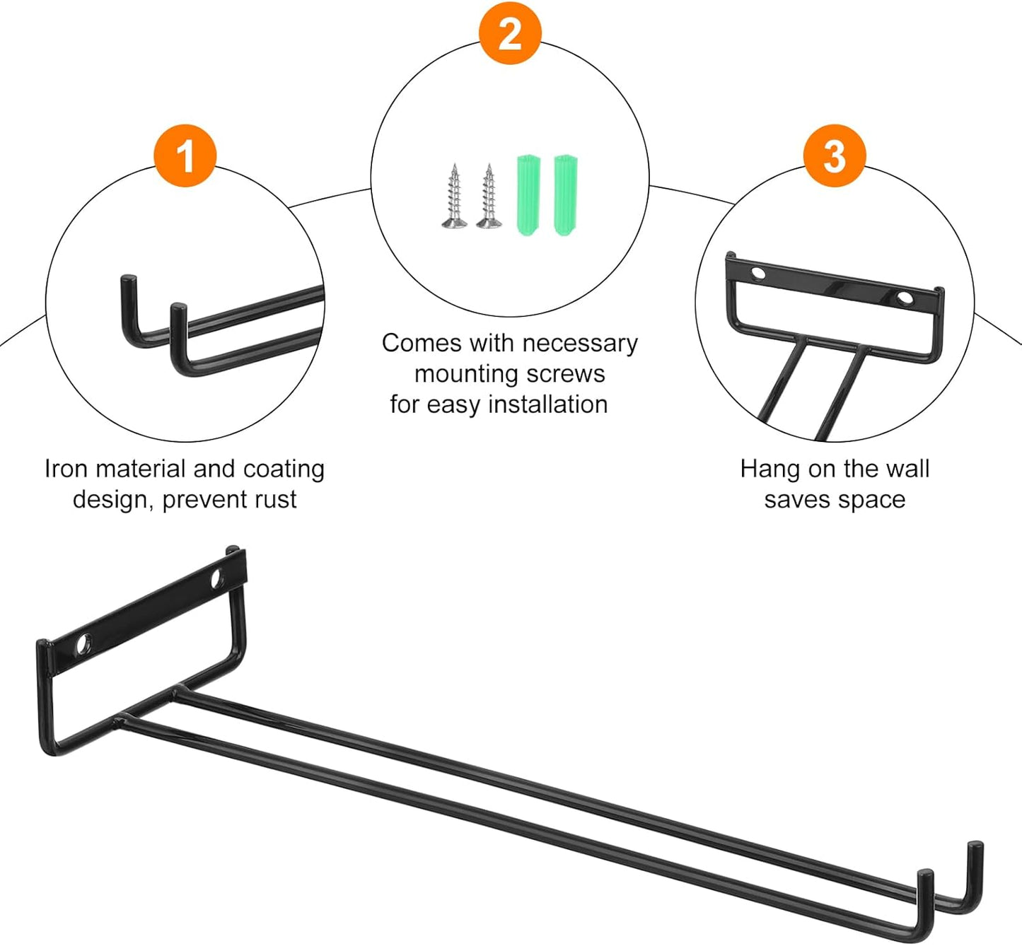 uxcell 5Pcs Wine Glass Rack, 11.81 Inch Iron Wine Glasses Rack Under Cabinet Stemware Rack - Wall Mountable Wine Glass Holder Storage Hanger for Bars Coffee Restaurants Kitchens, Black