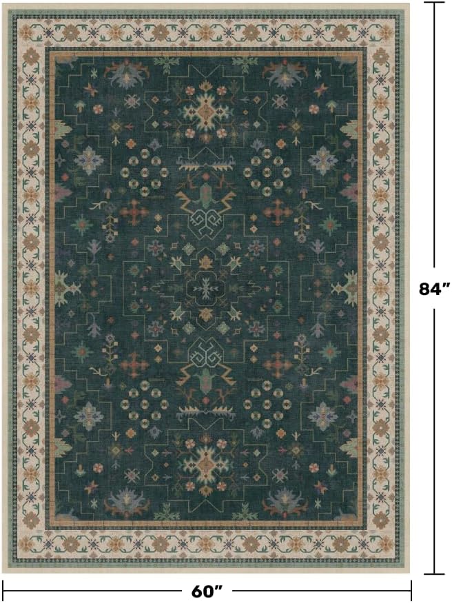 Hazo Haus Dark Green Oushak 5x7 Living Room Rug - Modern Vintage Boho Eclectic Floral Pastel, Washable Low Pile Non-Slip Large Area Rugs for Nursery Dining Under Table Bedroom Lounge