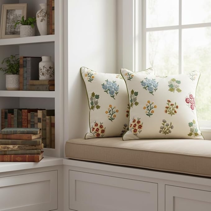 Embroidered Pillow Covers 18x18 inch Pack of 2 Multiflower Decorative Throw Pillow Covers Farmhouse Boho Pillowcases Spring Summer Pillow Cushion Cases Home Decor Square Floral Pillow Case
