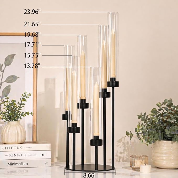 LETINE 6-Arm Black Candelabra, 23.96" Tall Candelabra Centerpieces for Tables with Glass Lampshade & Heavy Base, Vintage Tall Candle Stick Holder for Indoor Outdoor Wedding Party Decor.