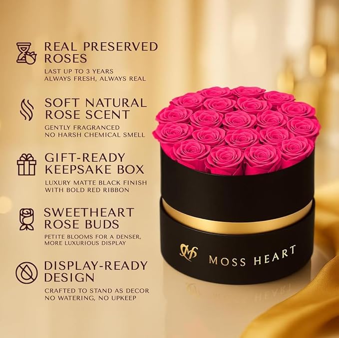 20 Mini Preserved Roses, Round Luxury Gift Box, Real Forever Roses Last 1+ Year, Premium Romantic Gift for Women, Wife, Girlfriend, Mother’s Day, Birthday, Anniversary, Valentine’s Day