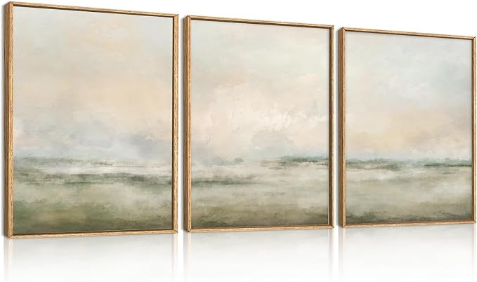 Aryroi Abstract Beige Green Landscape Framed Canvas Wall Art Set, Watercolor Natural Tan Wall Decor, Minimalist Neutral Modern Scenery Artwork for Living Room, Bedroom,Farmhouse- 12"x16"x3