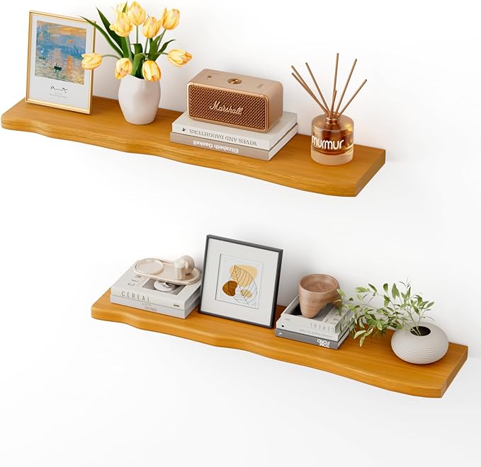 Floating Shelves for Wall Rustic Farmhouse 36 Inch Floating Shelf Bathroom Wooden Shelves for Wall Mounted Live Edge Pine Shelf with Unique Natural Grain for Bedroom Kitchen (Honey Walnut)