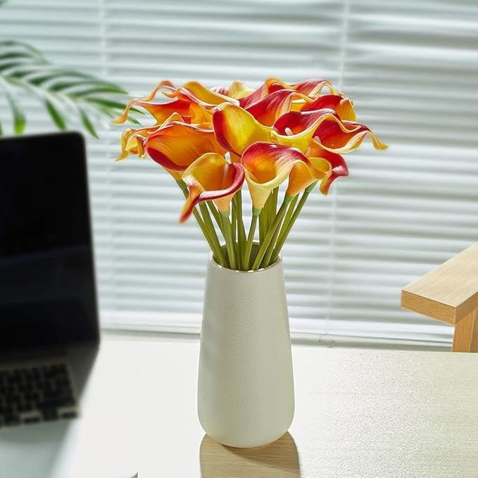 Floral Kingdom 20 Pack Artificial Calla Lily Flowers 14 Inch Yellow-Orange – Real Touch Faux Flowers for Table Centerpieces, Home Decor and Weddings