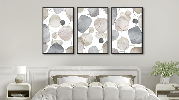Large Abstract Canvas Wall Art - Geometric Framed Wall Decor Modern Circles and Lines Paintings Light Colors Minimalist Pictures for Living Room Bedroom Office Bathroom 24" X 36" X 3 Panels