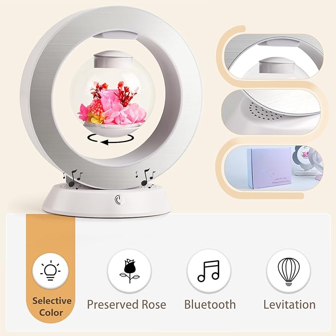 LoveLin,Magnetic Levitation Table Lamp with Bluetooth Speaker,5W Circle Variable Color Led Night Light,Rotate 360° Forever,Romantic Preserved Flowers Lamp for Restaurant Office & Home Decor