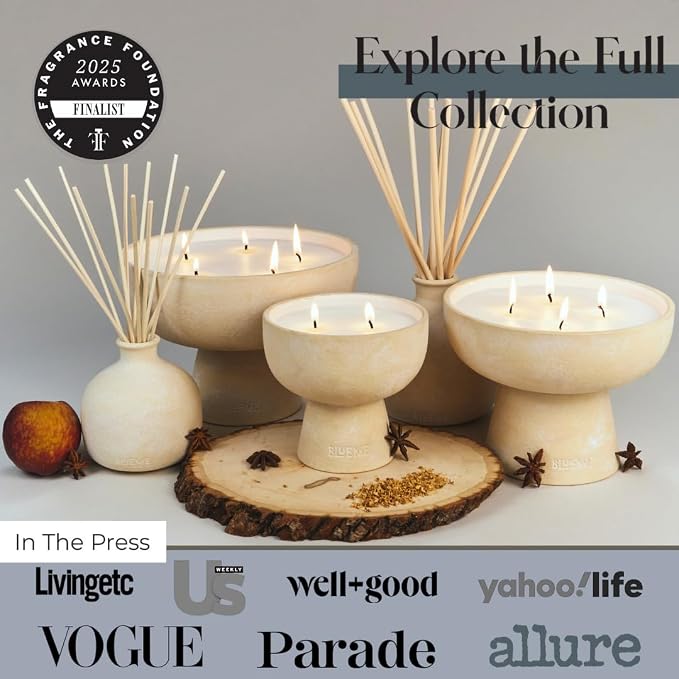 Blueme Calm Candle | Osmanthus & Sandalwood | 2 Wick - Refillable Wellness Candle with Essential Oils, Hand Finished & Poured Soy Wax Blend Ceramic Vessel, Natural Cotton Wicks | Medium 12 oz