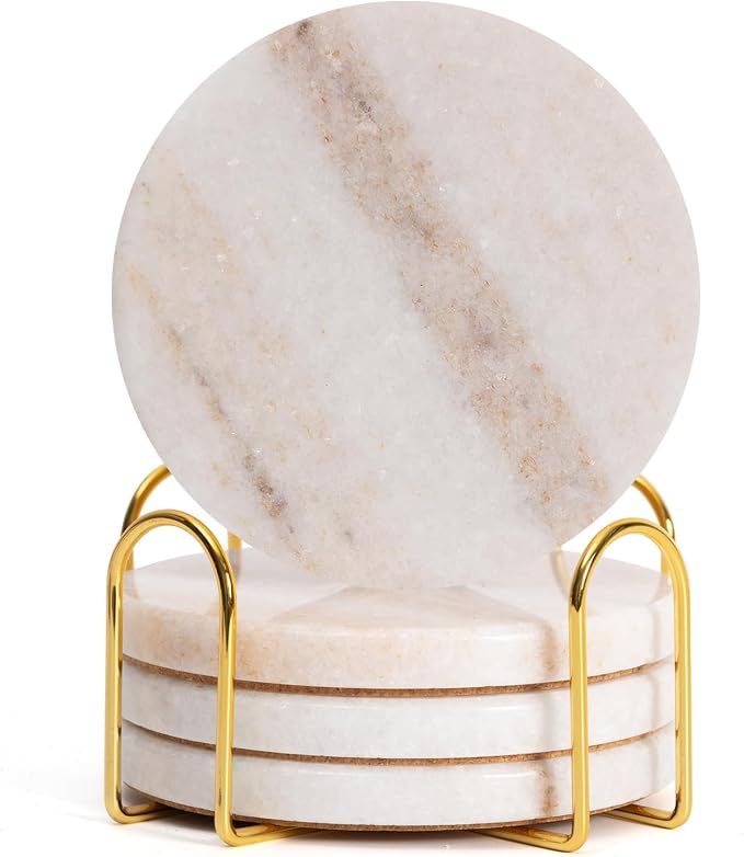 Creamy White Marble Coasters Set of 4 with Holder, Neutral Drink Coasters for Coffee Table, 4" Round Polished White Stone Coaster with Tan Veins – Heat Resistant, Non-Slip, Housewarming Gift