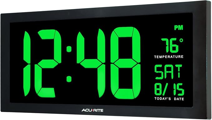 AcuRite 76101M Oversized LED Clock with Indoor Temperature, Date and Fold-Out Stand, 18", Green