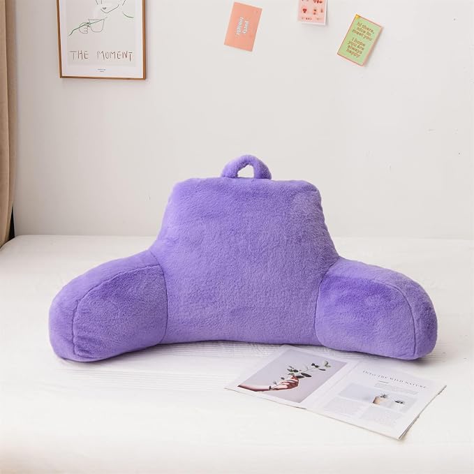 A Nice Night Faux Fur Reading Pillow Bed Wedge Adult Children Backrest with Arms Back Support for Sitting Up in Bed/Couch for Bedrest,Large Size,Light Purple