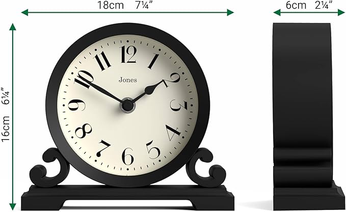 JONES CLOCKS® Saloon Mantel Clock | Small Traditional Double Scroll Design | Black | Contemporary Classic Style for Desk, Table, Shelf or Bedside