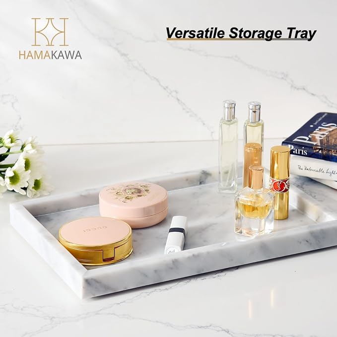 Italian White Marble Vanity Tray, Real Natural Bathroom Tray 12 inch, Carrara White Stone Trays, Large Perfume Trays, Cosmetic Organizer