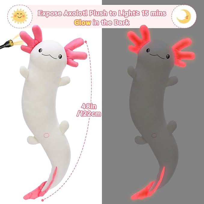 MaoGoLan 48" Giant Axolotl Plush Body Pillow, Large Axolotl Stuffed Animal Toy for Kids Girl Boy, Soft White Glow in The Dark Salamander Plush Toy, Birthday Easter Gift, Baby Shower Holiday Decor