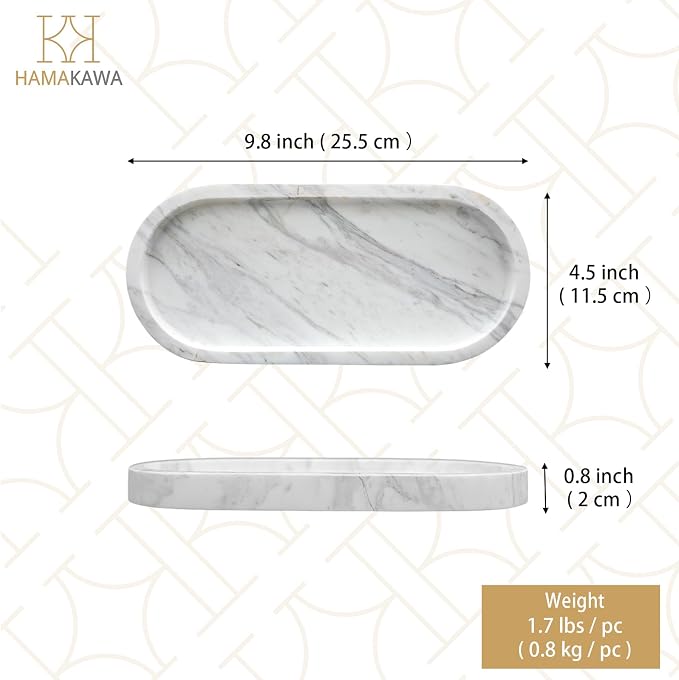 Oval Bathroom Vanity Tray, Large Natural Marble Tray 10 inch, Volakas White Stone Soap Trays, Modern Perfume Trays, Countertop Organizer for Kitchen, Coffee Table, Home Decor