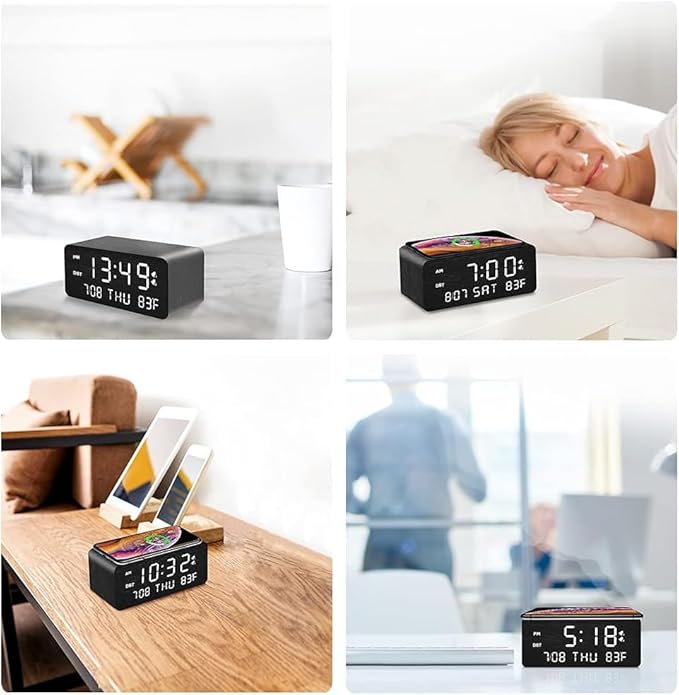 Andoolex Wooden Digital Alarm Clock with Wireless Charging, 0-100% Adjustable Brightness Dimmer and Alarm Volume, Weekday/Weekend Mode, Dual Alarm, Snooze, 12/24H, Wood LED Clock for Bedroom (Black)