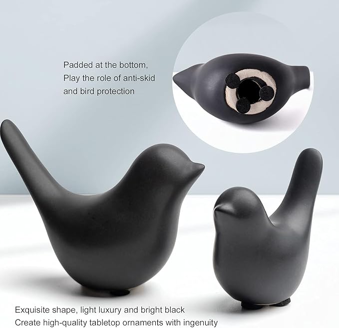 2 Pcs Ceramic Small Bird Figurines Modern Animal Statues for Home 、Room Decor and Bedroom Decor and Bookshelf Display (Black)