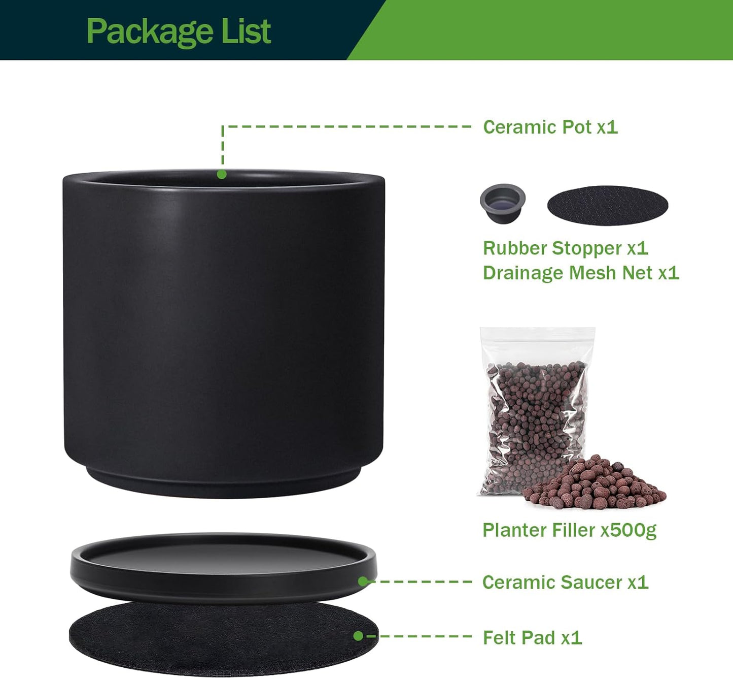 Kazeila 12 Inches Ceramic Planter Pot - Saucer and Drainage Hole - Full Glazed - Matte Black