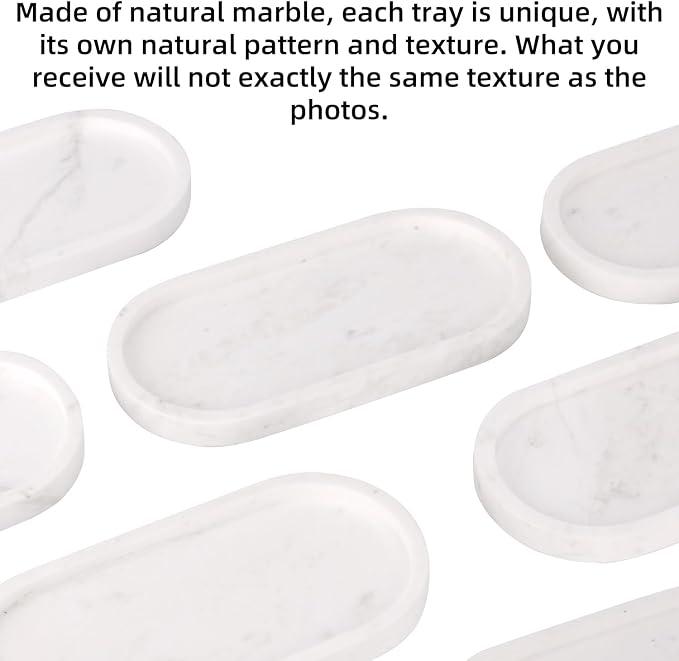 Natural Marble Tray Oval, Bathroom Vanity Tray for Countertop, Elegant Stone Decorative Organizer for Perfume, Jewelry, Home Decor (1, White, 10 x 5 x 0.6)
