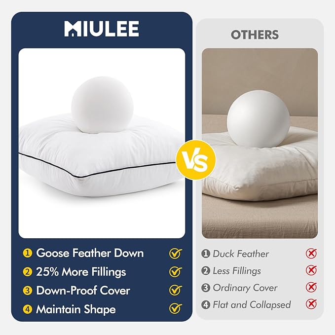 MIULEE Goose Feather Down 28x28 Euro Pillow Insert Set of 2 with 100% Down-Proof Cotton Cover, Soft Fluffy Decorative Pillow for Sofa Bed Couch Living Room White