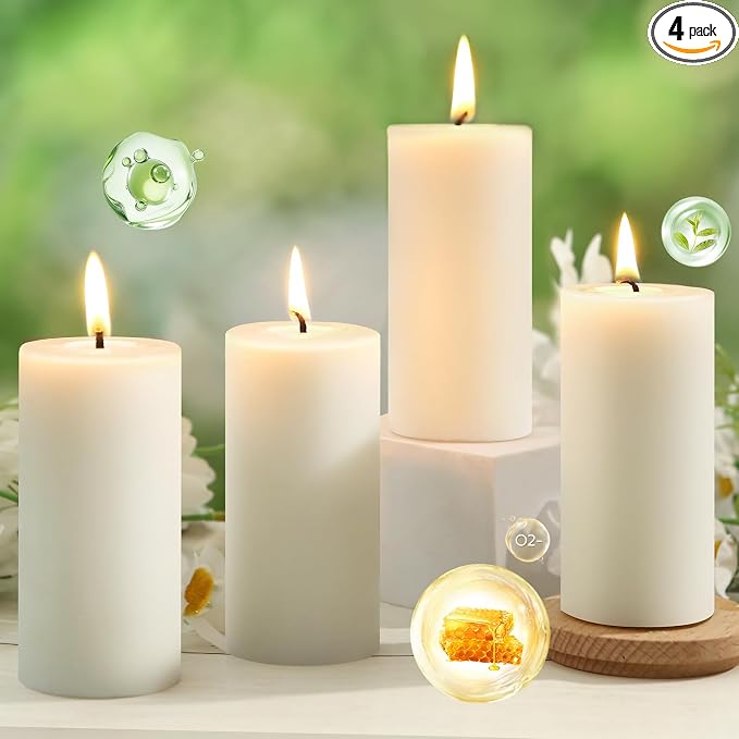 4 Pack Beeswax Pillar Candles,172 Hours Long Burning,Ivory White Beeswax Candles,Unscented Pure Bees Wax Candle for Home,Prayer,Dripless Smokeless Organic 100% Bees Wax Candle Bulk 2x4in