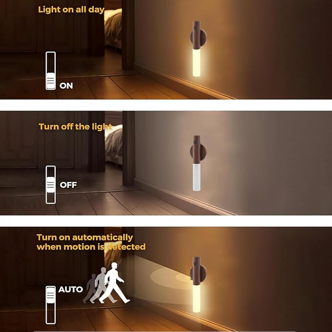 LANDGOO Wooden Motion Sensor Lights Indoor, Magnet Body Hallway Rechargeable LED Wireless Battery Operated Wall Sconce,