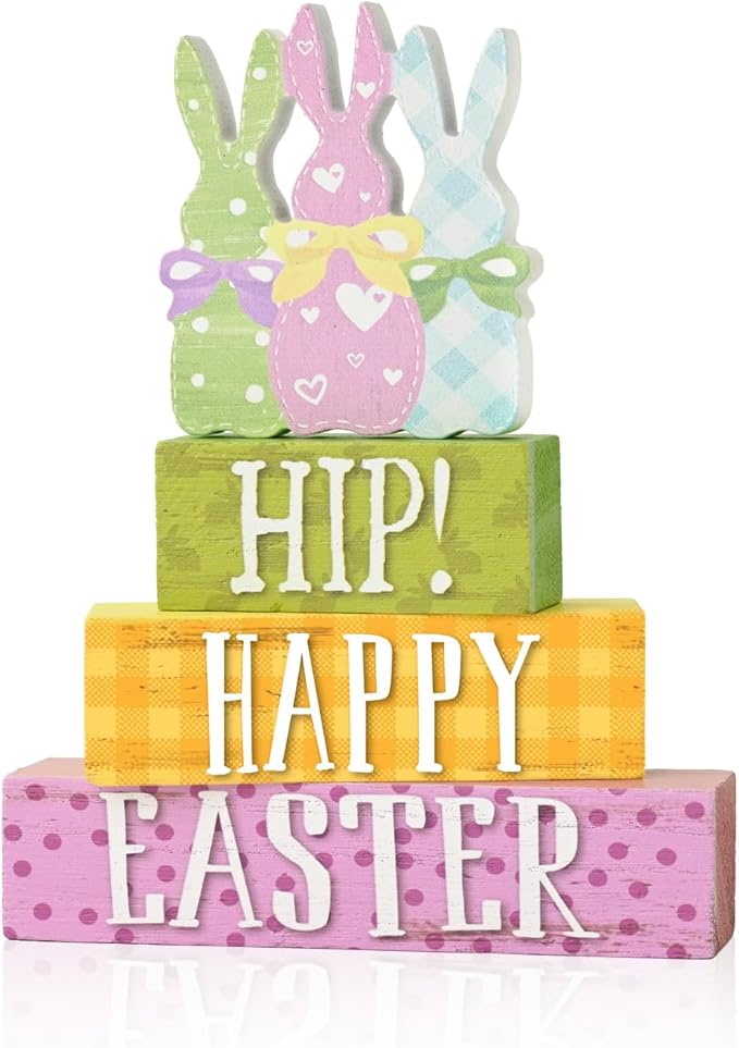 Smile Wooden Easter Decoration Sign, "Hip! Happy Easter" Wooden Block Stack with Bunny Silhouettes, Pastel Tiered Tabletop Decor for Spring & Easter