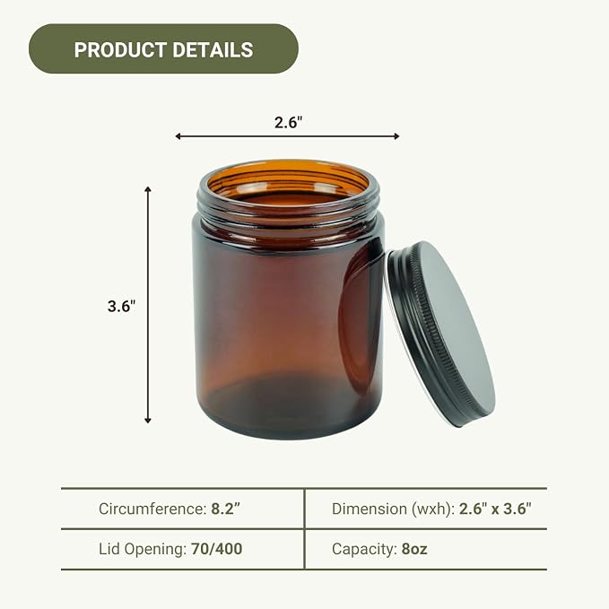 Glass Amber 8oz Jar - 12 Packs, Lead-Free Empty Round Jars For Beauty Products, Lotion, and Powders - Black Lid - Small Candle Jars