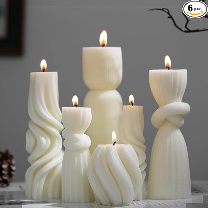 Threlaco 6 Pcs Ribbed Pillar Candles Modern Aesthetic Ribbed Decorative Candle Set Cute Soy Wax Scented Decor for Home(Milky White)
