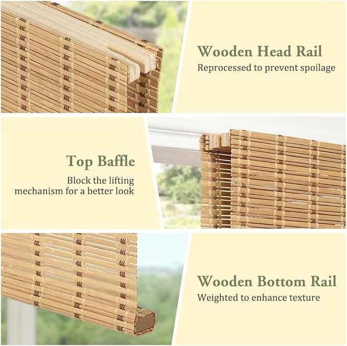 Kokorona Cordless Bamboo Roman Shades with Valance, Light Filtering Bamboo Blinds for Interior Windows, Natural Roll Up Bamboo Shades for Home, Office, Easy Installation, 24" W x 64" H, Natural