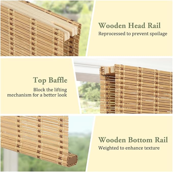 Kokorona Cordless Bamboo Roman Shades with Valance, Light Filtering Bamboo Blinds for Interior Windows, Natural Roll Up Bamboo Shades for Home, Office, Easy Installation, 35" W x 64" H, Natural