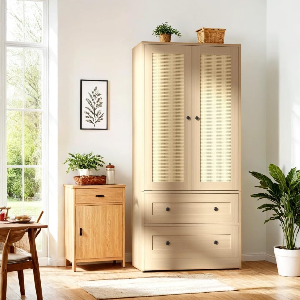 Rattan Oak Kitchen Pantry, 64.2" Tall Storage Cabinet with Doors and Drawers, Freestanding Wooden Storage Organizer for Kitchen, Dining Room