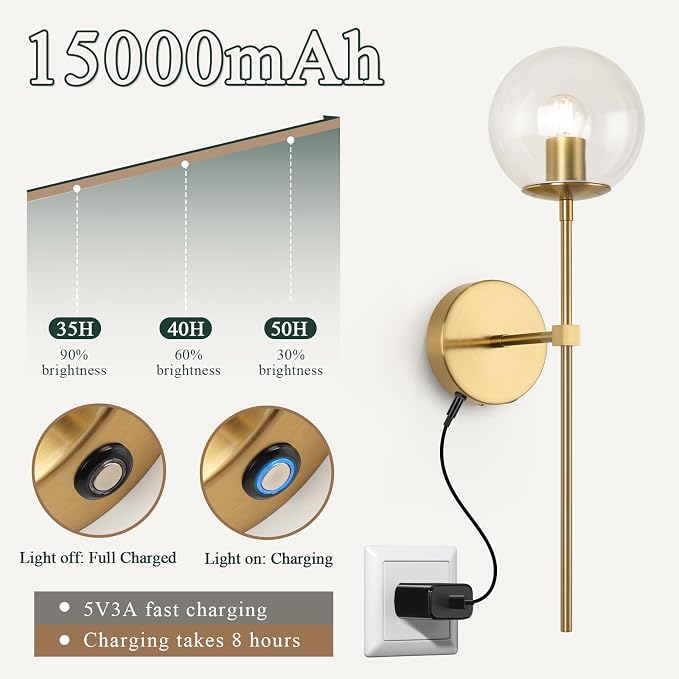 Battery Operated wall Sconce Set of 2 Glass Globe 3000~6000K Rechargeable Wall Light Fixture Wireless Wall Lights with Clear Glass Shade for Living Room, Hallway, Bedroom(2 Pack)