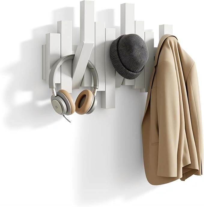 Modern Wooden Coat Rack, key holder wall mount– Handmade Solid Walnut Flip Hook Rack with Hidden Mount, Decorative Entryway Wall Hooks for Coats, Bags & Hats, Space-Saving Design (White, 3Hooks)