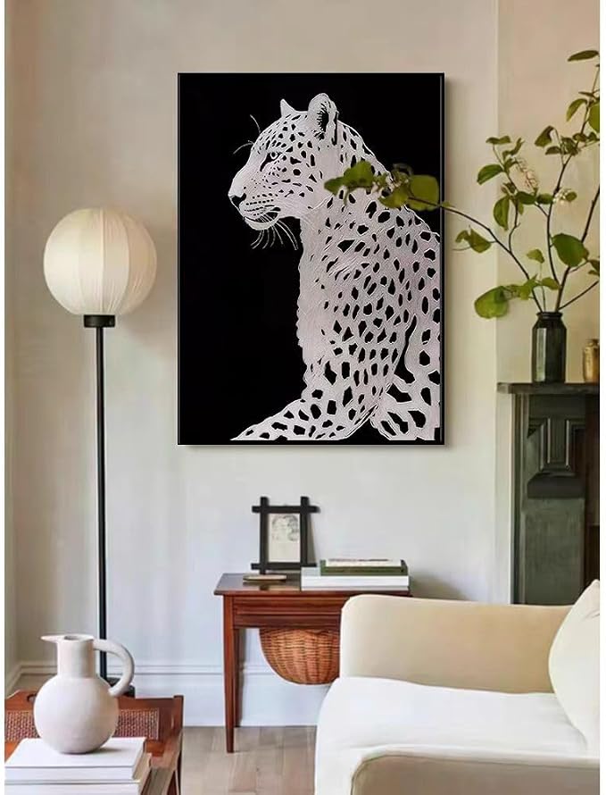 YaSheng Art : Hand Painted Oil Painting,Canvas Wall Art, Modern Black and White Leopard Wall Art Canvas, Large Contemporary Wildlife Home Decor Wall Art for Living Room, 24x36 inches