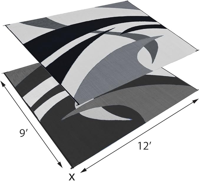 Stylish Camping Outdoor Patio / RV Camping Mat - Swirl (Black/White, 9-Feet x 12-Feet)