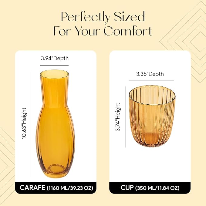 American Atelier 40 oz Bedside Water Carafe with Tumbler – 10.63" Ribbed 2-Piece Glass Set, Pitcher with Cup Lid for Nightstand, Guest Room, Office, Durable & Elegant Drinkware (Amber) (Pack of 2)